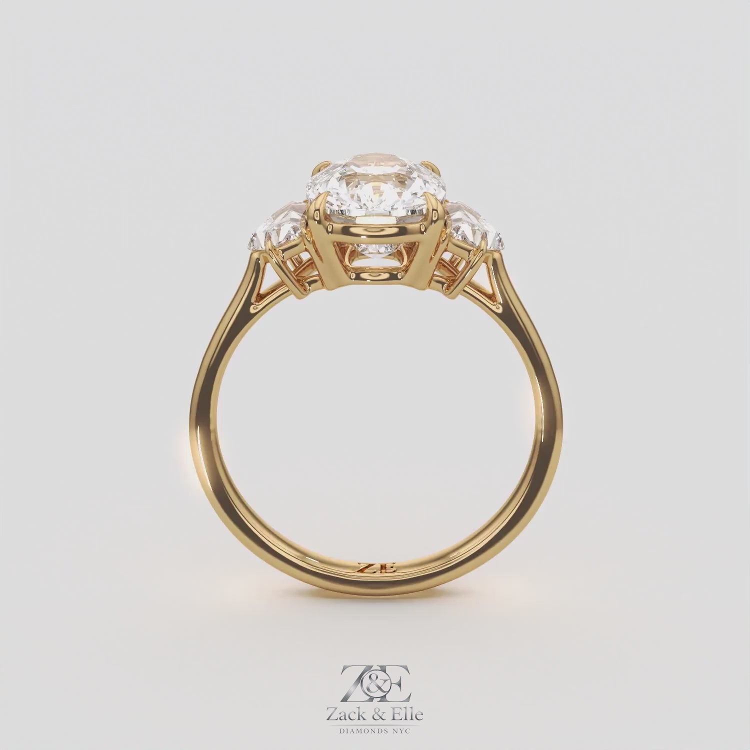 3.50 Ct E VS1 Cushion Lab Grown Diamond Three Stone Ring, in yellow gold, 360 spin