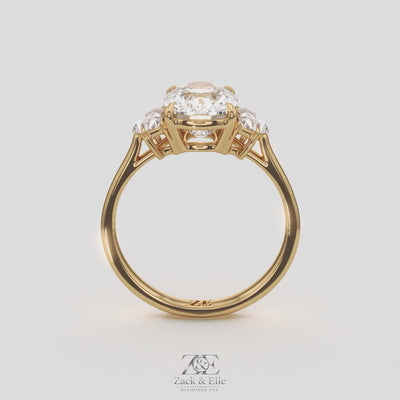 3.50 Ct E VS1 Cushion Lab Grown Diamond Three Stone Ring, in yellow gold, 360 spin