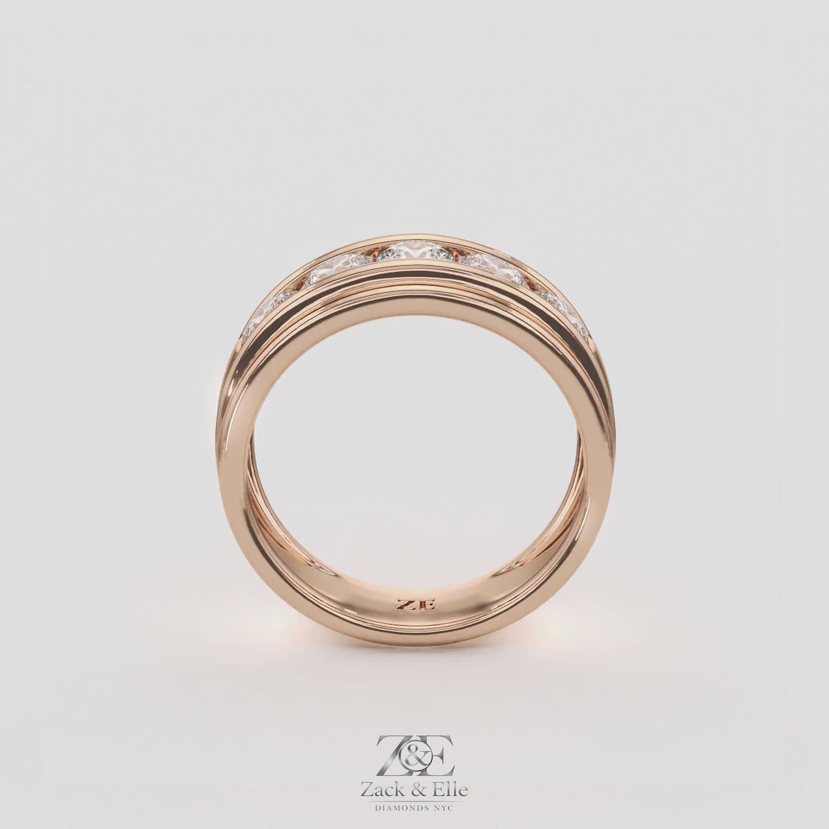 2.00 Ct D-E VS1 Round Lab-Grown Diamond Men's Channel Set Wedding Band, in rose gold, 360 spin