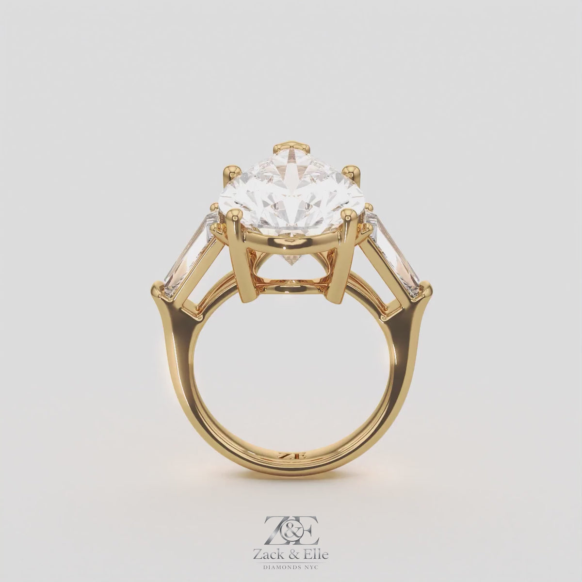 11.50 Ct F Color VS1 Pear Shape Diamond Three Stone Ring With Tapered Baguettes, in yellow gold, 360 spin