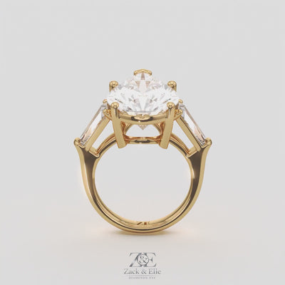 11.50 Ct F Color VS1 Pear Shape Diamond Three Stone Ring With Tapered Baguettes, in yellow gold, 360 spin