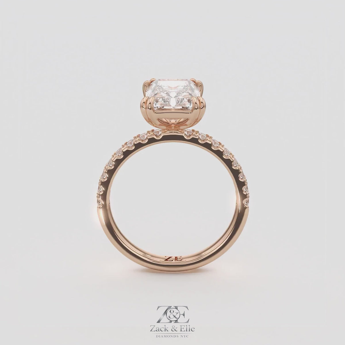 3.30 Ct D VS1 Radiant Lab-Grown Diamond Ring with Round Accents, in rose gold, 360 spin