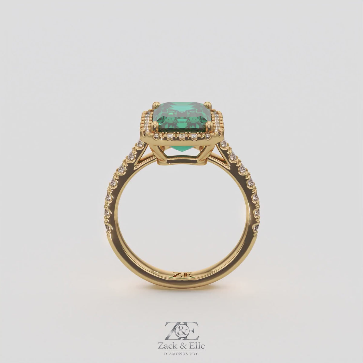 3.50 Ct Emerald Cut Green Emerald and Diamond Ring, in yellow gold, 360 spin