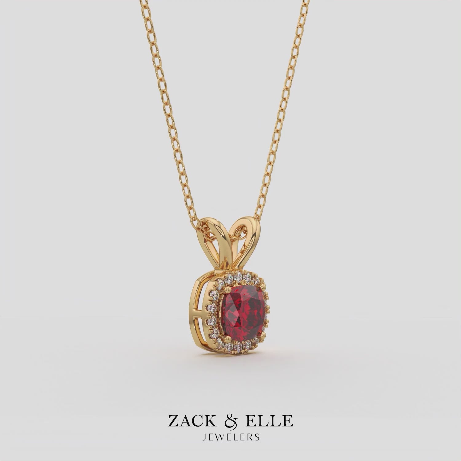 2.90 Ct Cushion Ruby Diamond Halo Pendant, in yellow gold, 360 spin