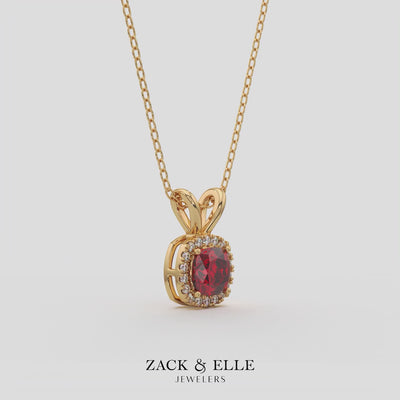 2.90 Ct Cushion Ruby Diamond Halo Pendant, in yellow gold, 360 spin