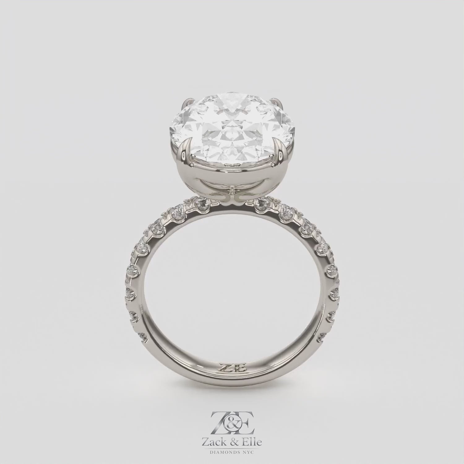 7.60 Ct F VS1 Oval Lab Grown Diamond Ring With Pavé Diamonds, in white gold, 360 spin