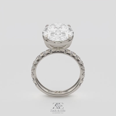 7.60 Ct F VS1 Oval Lab Grown Diamond Ring With Pavé Diamonds, in white gold, 360 spin