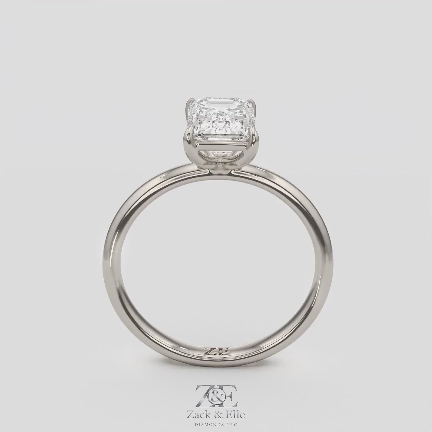 2.00 Ct D VS1 Emerald Cut Solitaire Diamond Ring, in white gold, 360 spin