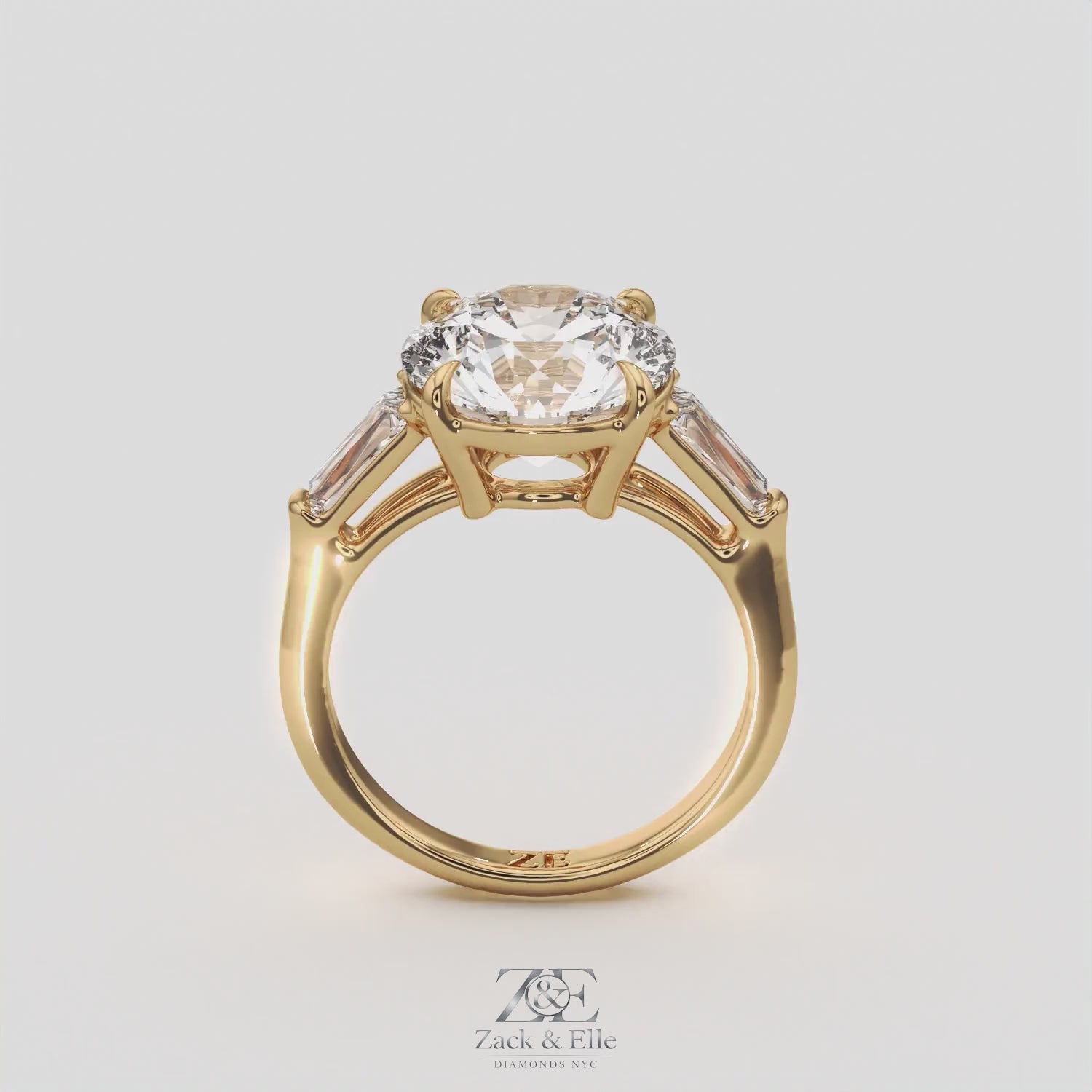 5.70 Ct E Color VS1 Round Diamond Three Stone Ring With Tapered Baguettes, in white gold, 360 spin