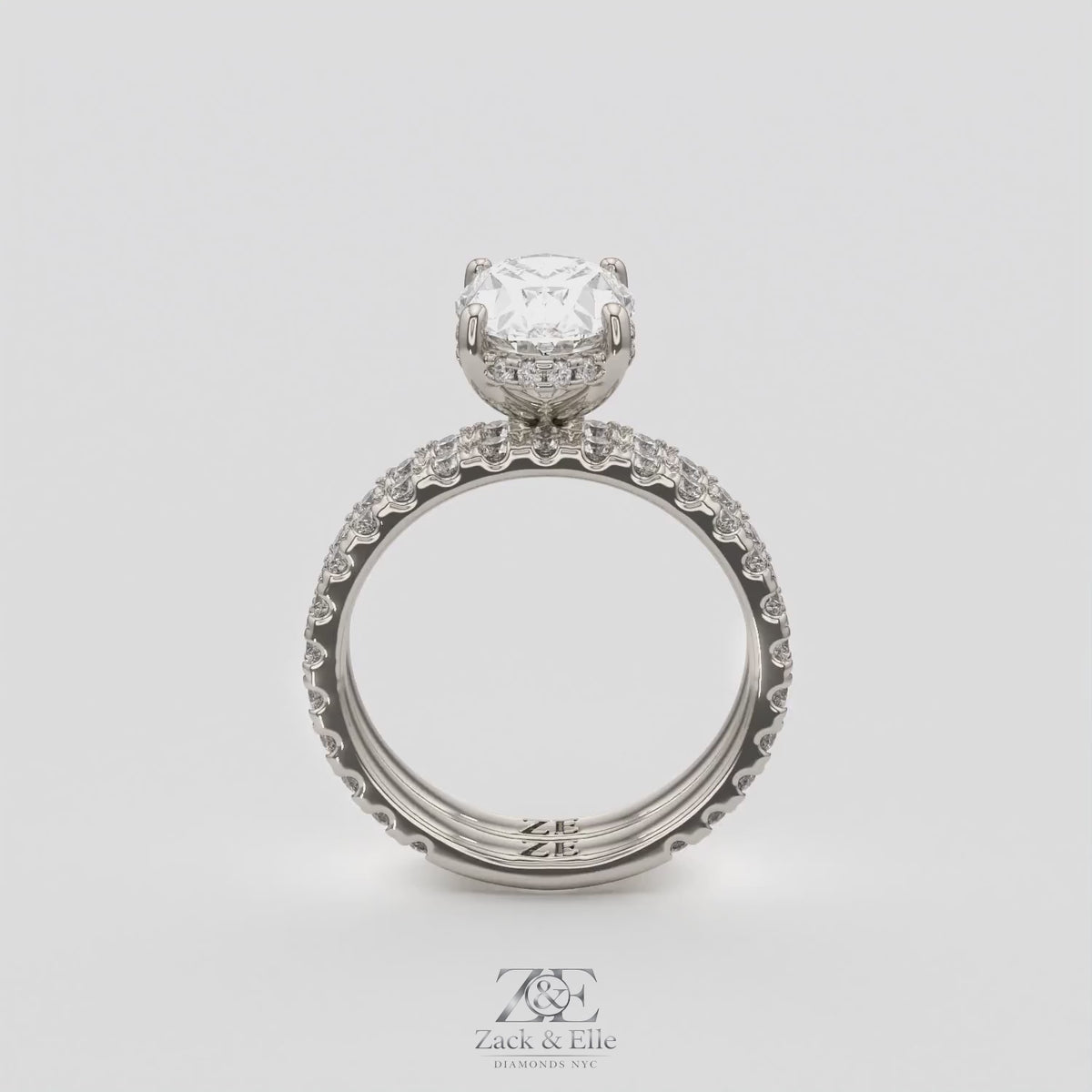 3.00 Ct D VS1 Oval Lab-Grown Diamond Engagement Ring with Matching Band, in white gold, 360 spin