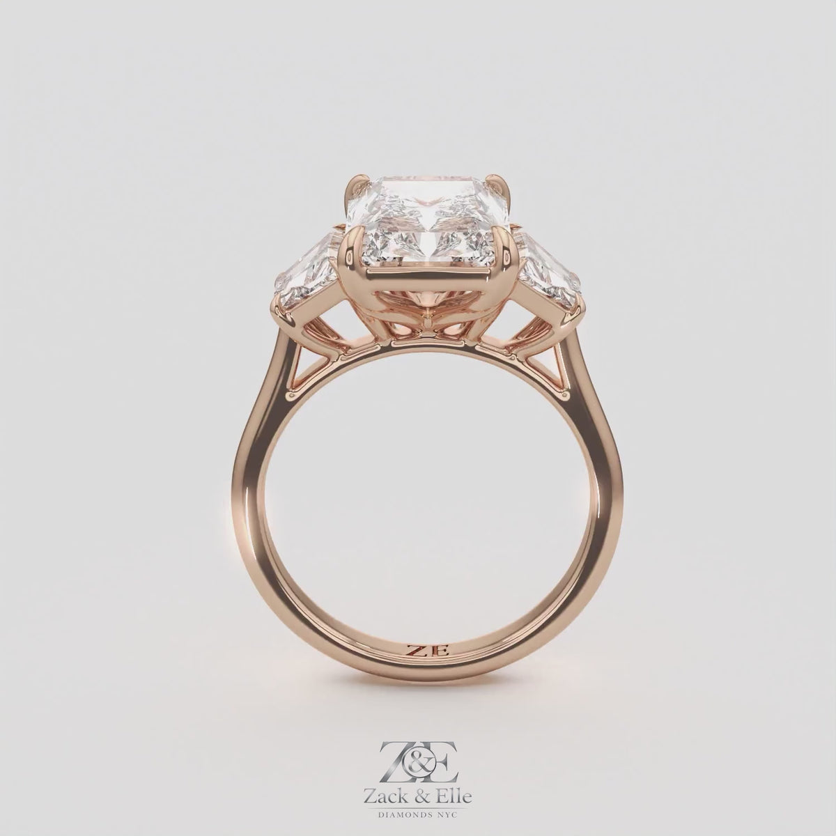 7.25 Ct E VS1 Radiant Cut Lab-Grown Diamond Three Stone Ring With Trapezoid Accents, in rose gold, 360 spin