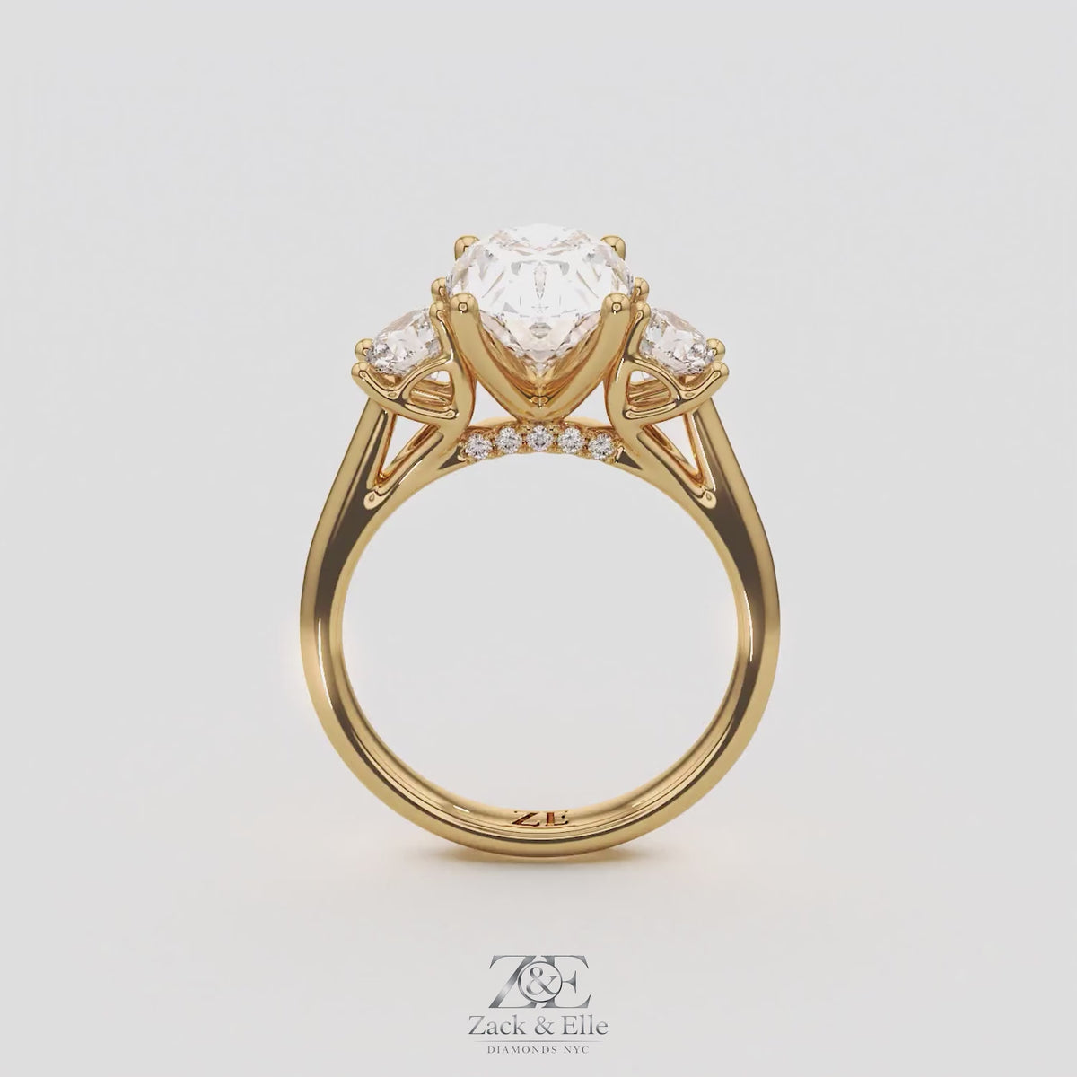 3.25 Ct E VS1 Oval Lab-Grown Diamond Ring With Round Accents, in yellow gold, 360 spin