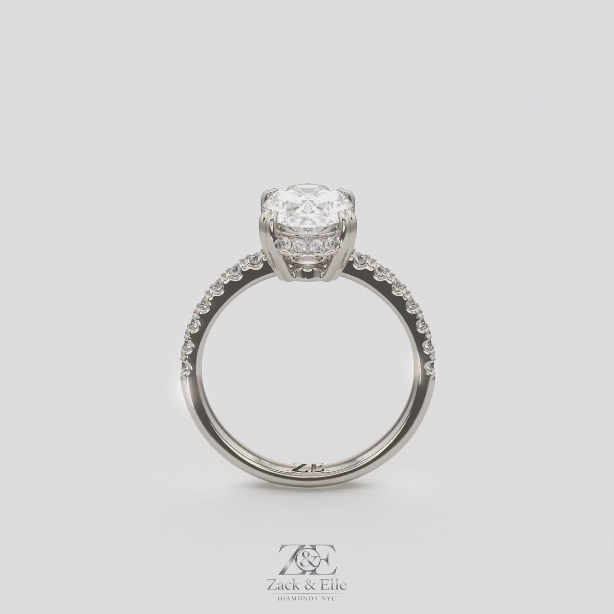 1.75 Ct D VS1 Oval Lab Grown Diamond Hidden Halo Engagement Ring, in white gold, 360 spin