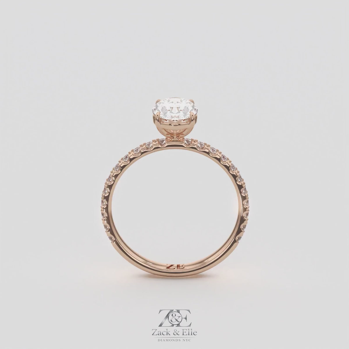 1.30 Ct D VS1 Oval Lab-Grown Diamond Ring with Round Accents, in rose gold, 360 spin