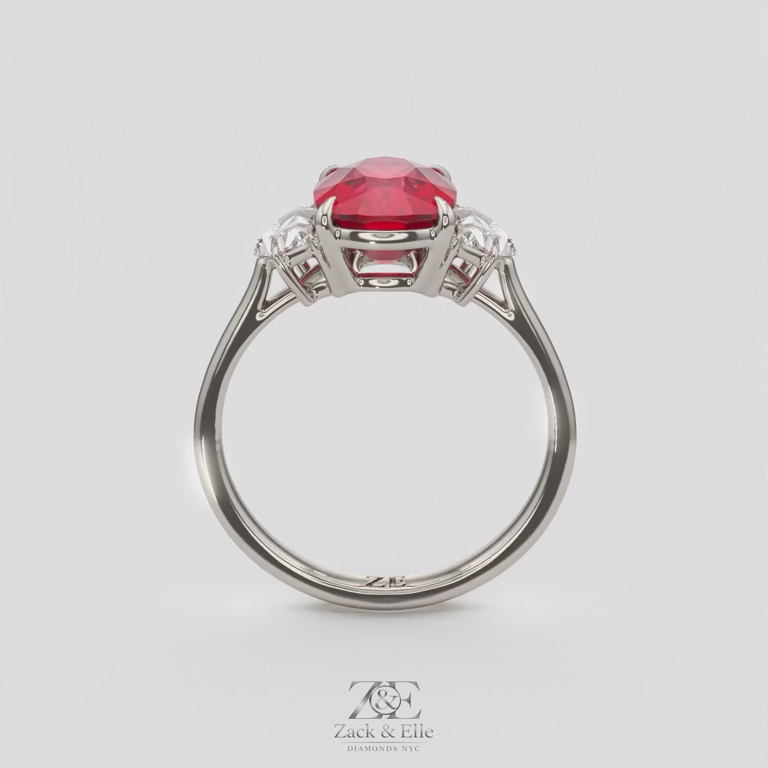 4.00 Ct Cushion Red Ruby and Diamond Three Stone Ring, in white gold, 360 spin