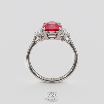 4.00 Ct Cushion Red Ruby and Diamond Three Stone Ring, in white gold, 360 spin