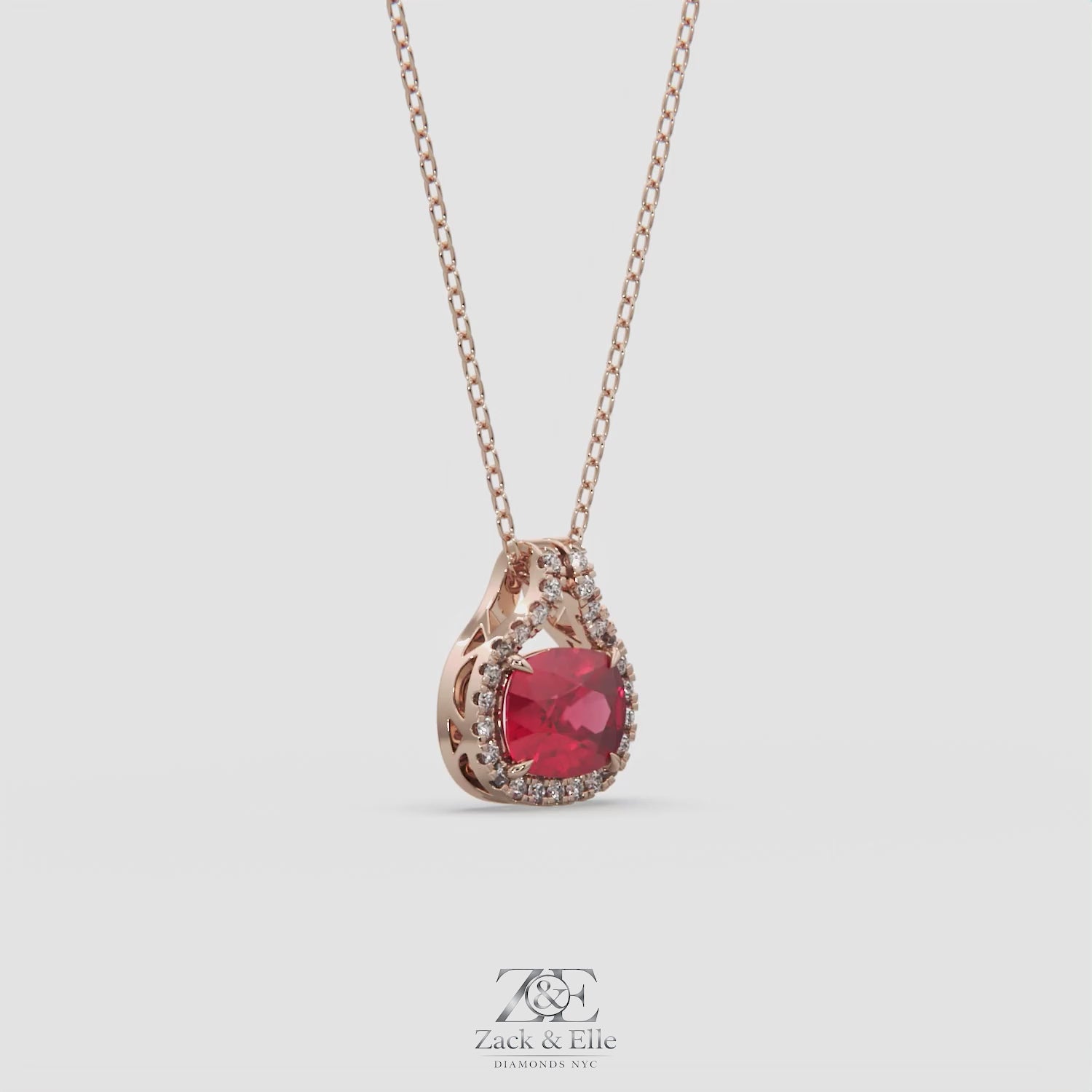 2.20 Ct Cushion Ruby Diamond East West Pendant, in rose gold, 360 spin