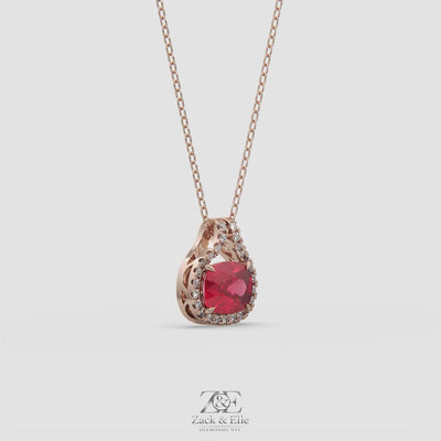 2.20 Ct Cushion Ruby Diamond East West Pendant, in rose gold, 360 spin
