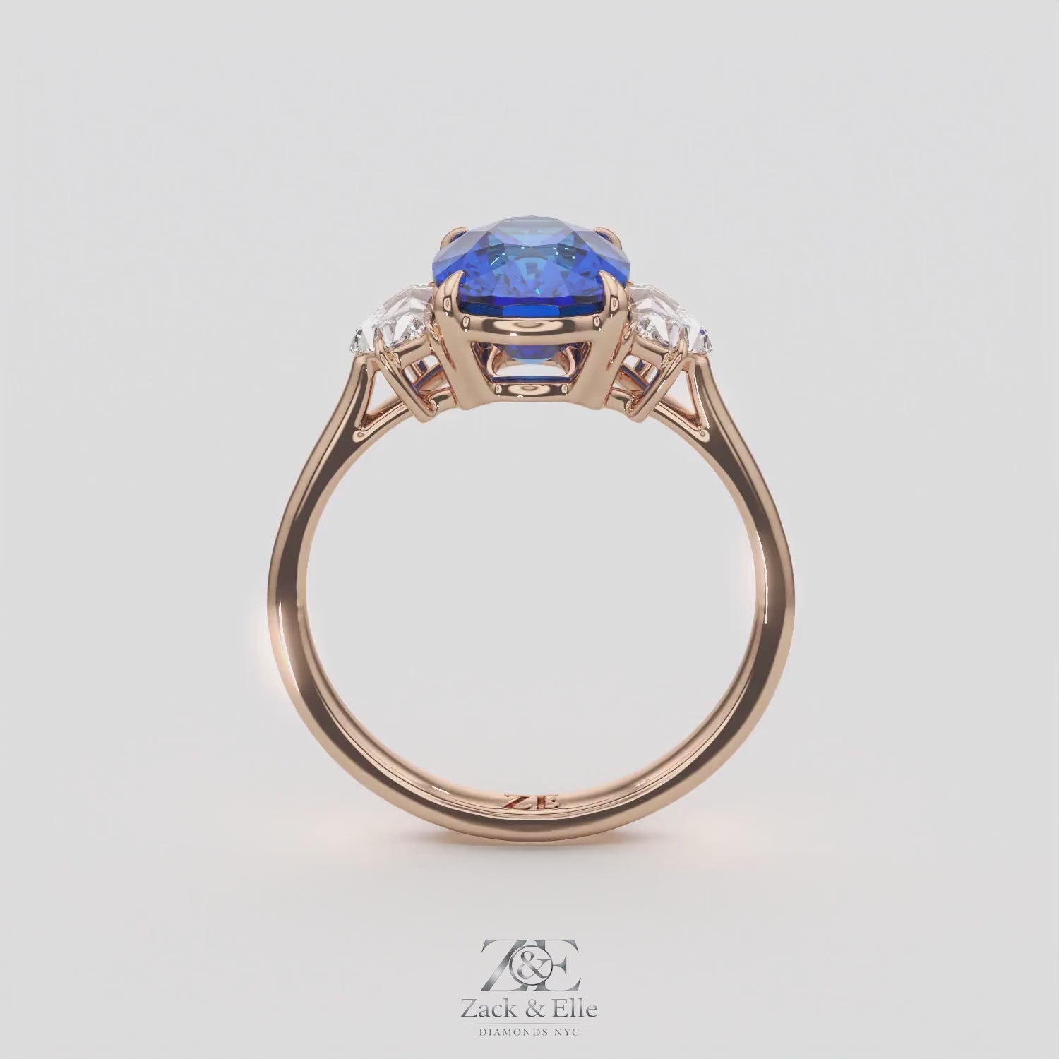 4.00 Ct Cushion Blue Sapphire and Diamond Three Stone Ring, in rose gold, 360 spin