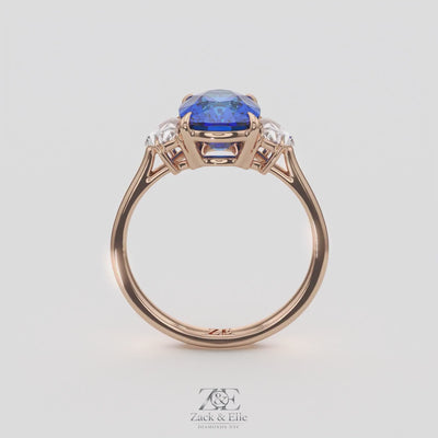 4.00 Ct Cushion Blue Sapphire and Diamond Three Stone Ring, in rose gold, 360 spin