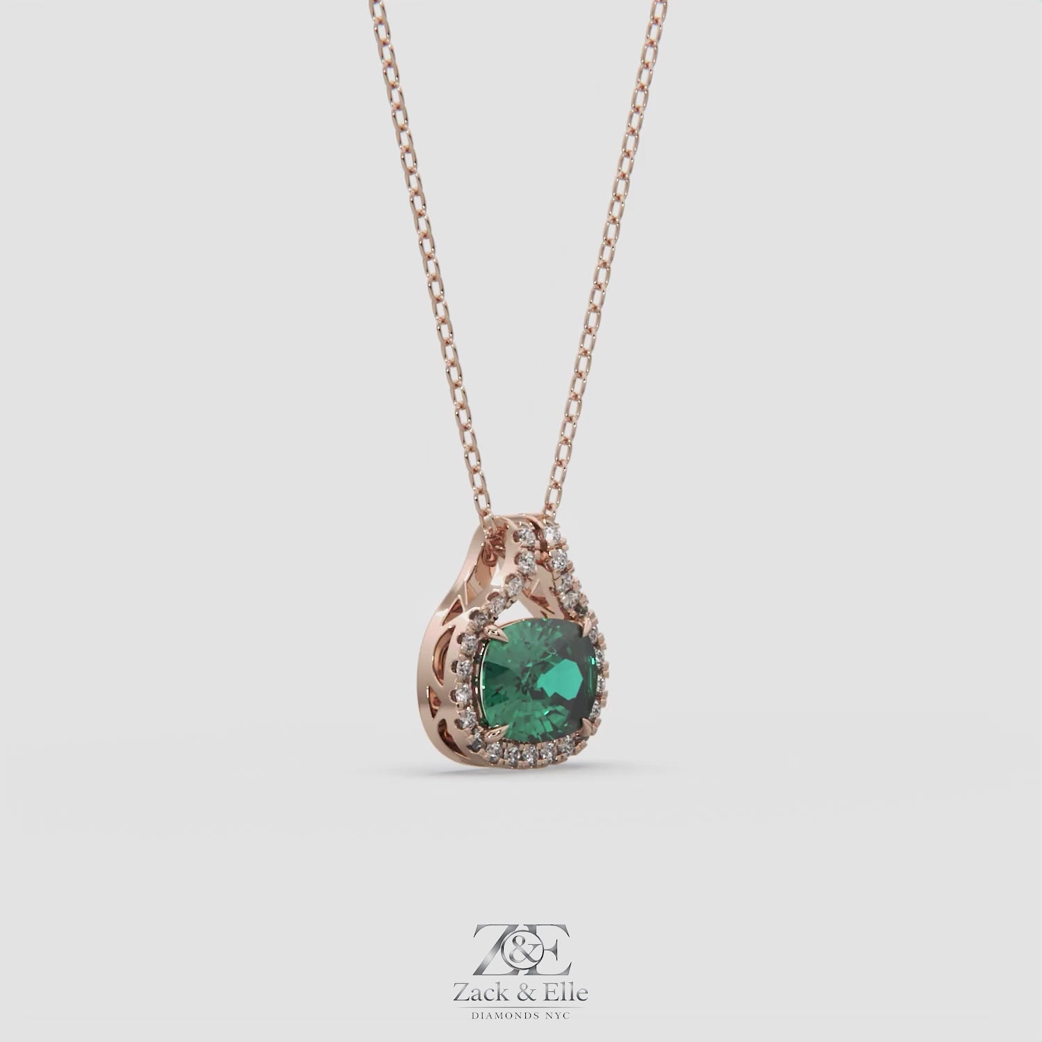 2.20 Ct Cushion Green Emerald Diamond East West Pendant, in rose gold, 360 spin