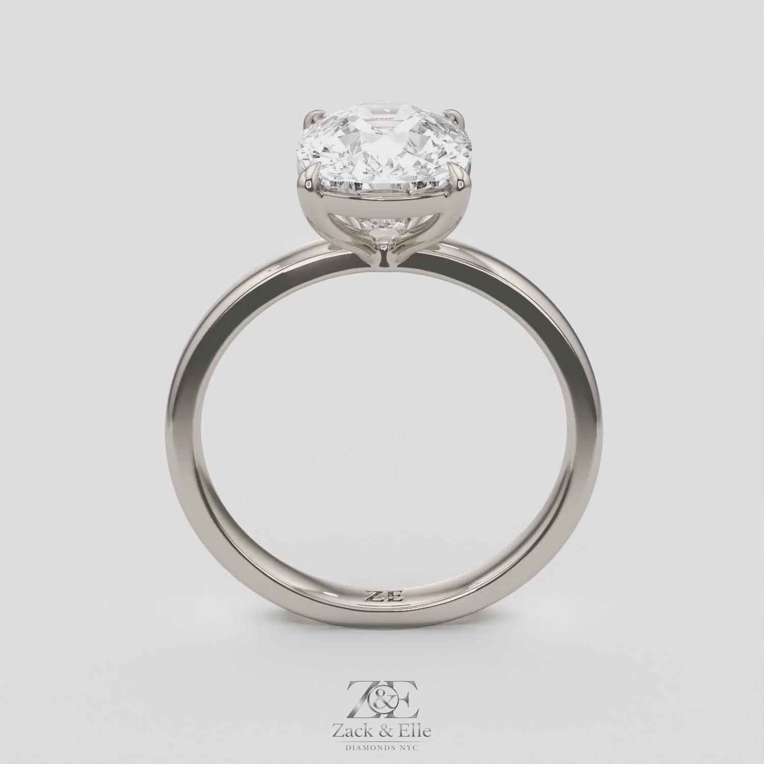 4.00 Ct F VS1 Elongated Cushion Solitaire Lab Diamond Ring, in white gold, 360 spin