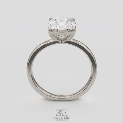 4.00 Ct F VS1 Elongated Cushion Solitaire Lab Diamond Ring, in white gold, 360 spin