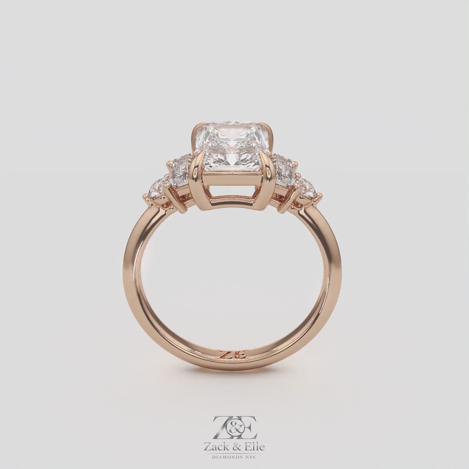 2.60 Ct E Color VS1 Radiant Diamond Ring With Baguette and Round Accents, in white gold, 360 spin