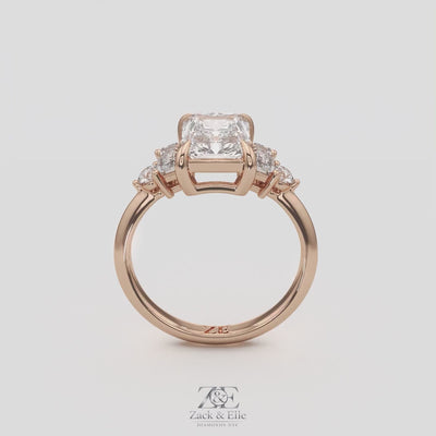 2.60 Ct E Color VS1 Radiant Diamond Ring With Baguette and Round Accents, in white gold, 360 spin