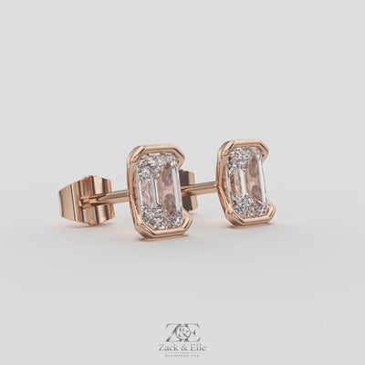 3.00 Ct E VS1 Emerald Cut Lab Grown Diamond Semi Bezel Studs, in rose gold, 360 spin