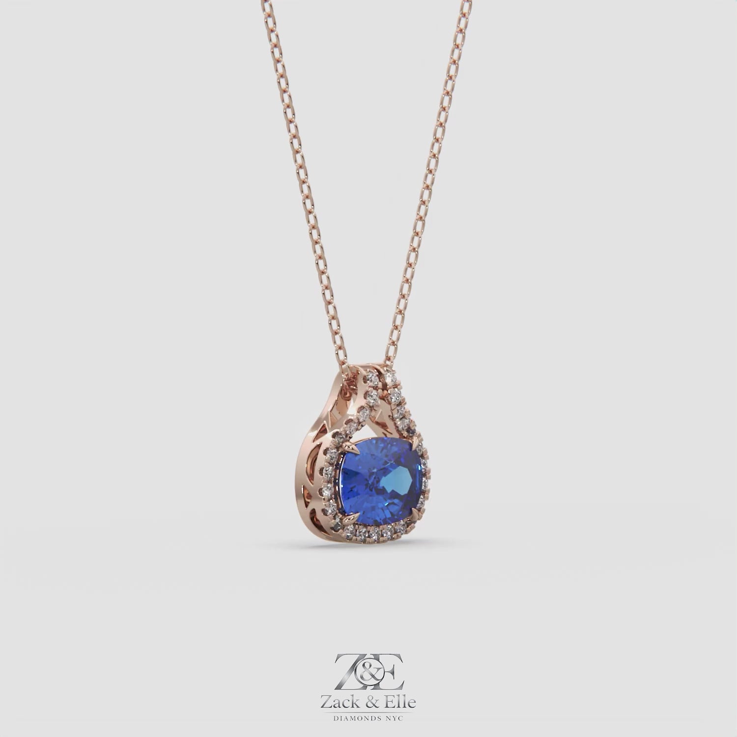 2.20 Ct Cushion Blue Sapphire Diamond East West Pendant, in rose gold, 360 spin
