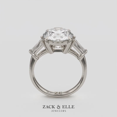 2.40 Ct D Color VS1 Round Diamond Three Stone Ring With Tapered Baguettes, in white gold, 360 spin