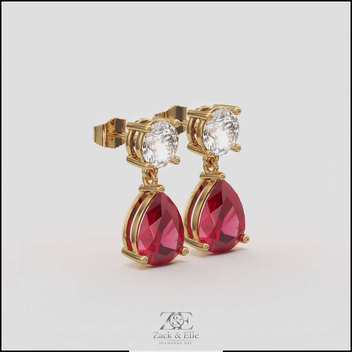 6.00 Ct Pear Ruby Lab-Grown Diamond Drop Earrings, in yellow gold, 360 spin