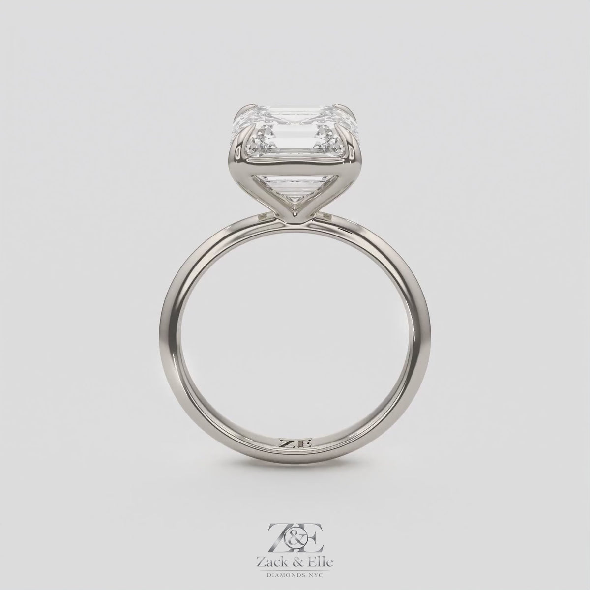 4.00 Ct E VS1 Asscher Cut Lab-Grown Diamond Solitaire Ring, in white gold, 360 spin