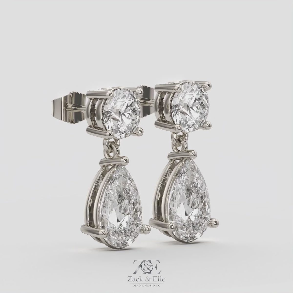 6.00 Ct D VS1 Round & Pear Lab-Grown Diamond Drop Earrings, in white gold, 360 spin