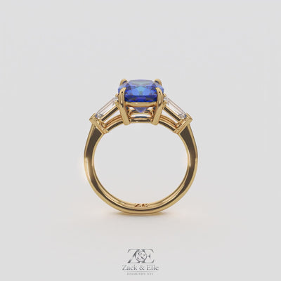 3.10 Ct Cushion Blue Sapphire and Diamond Ring, in yellow gold, 360 spin