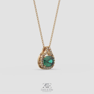 2.20 Ct Cushion Green Emerald Diamond East West Pendant, in yellow gold, 360 spin