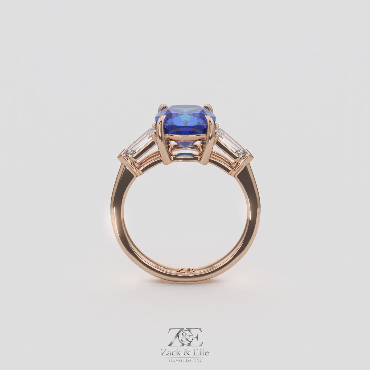 3.10 Ct Cushion Blue Sapphire and Diamond Ring, in rose gold, 360 spin