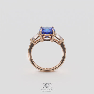 3.10 Ct Cushion Blue Sapphire and Diamond Ring, in rose gold, 360 spin