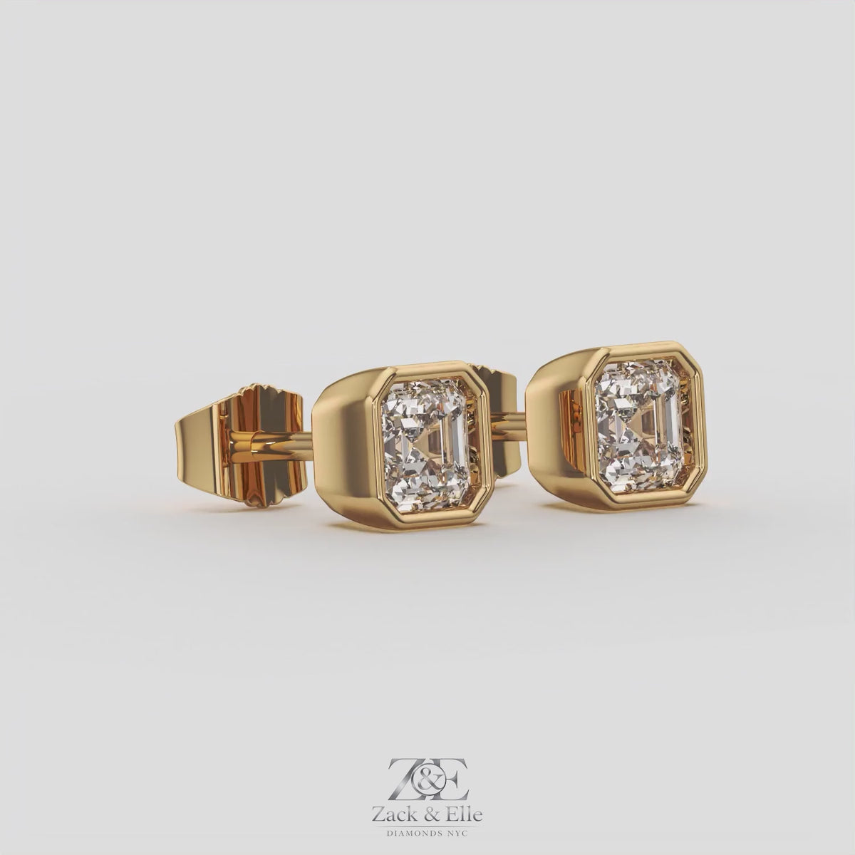 2.00 Ct E VS1 Asscher Cut Full Bezel Diamond Studs, in yellow gold, 360 spin