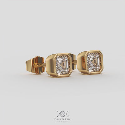 2.00 Ct E VS1 Asscher Cut Full Bezel Diamond Studs, in yellow gold, 360 spin