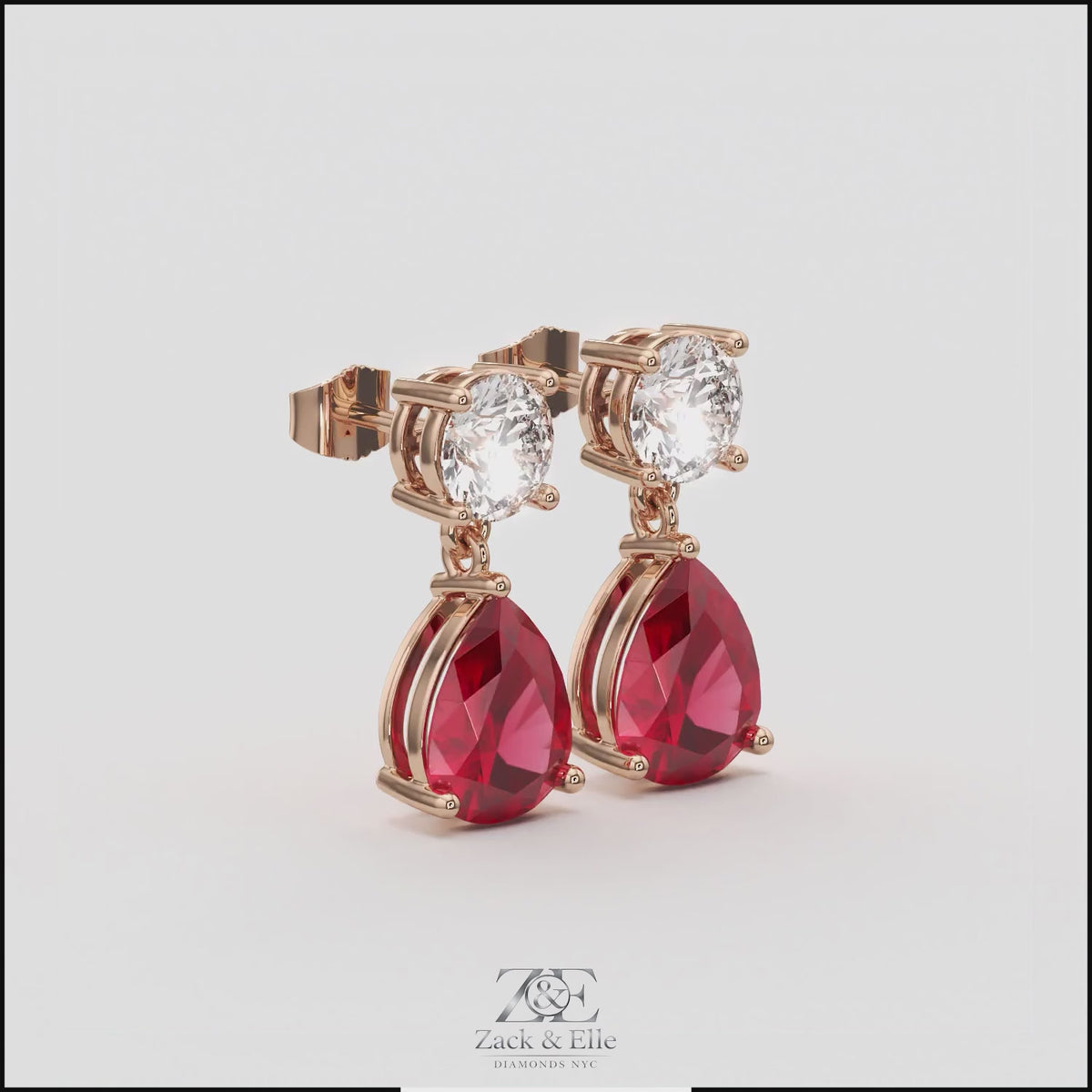 6.00 Ct Pear Ruby Lab-Grown Diamond Drop Earrings, in rose gold, 360 spin