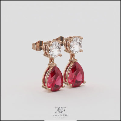 6.00 Ct Pear Ruby Lab-Grown Diamond Drop Earrings, in rose gold, 360 spin