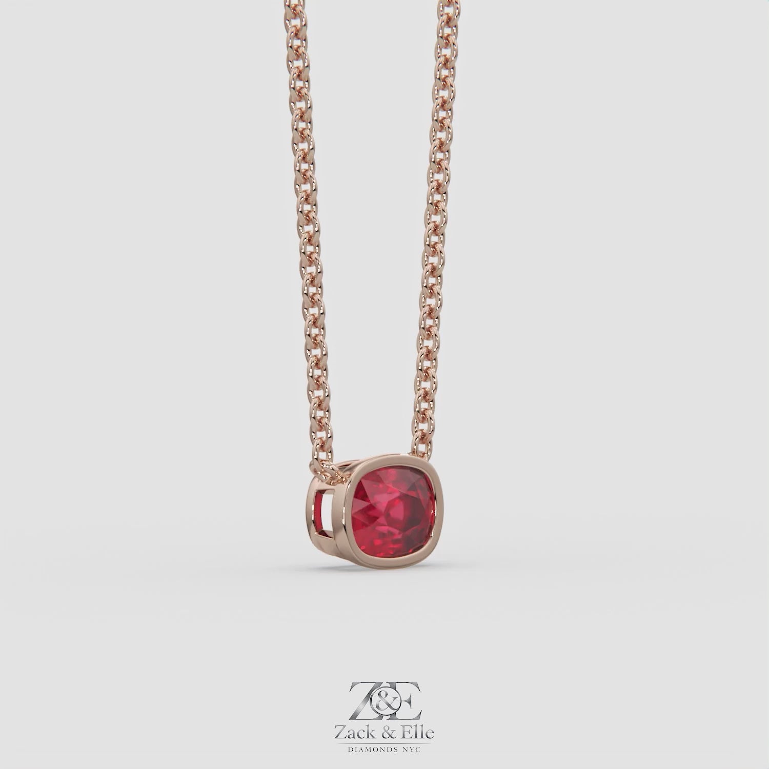 3.00 Ct Cushion Red Ruby East West Pendant, in rose gold, 360 spin