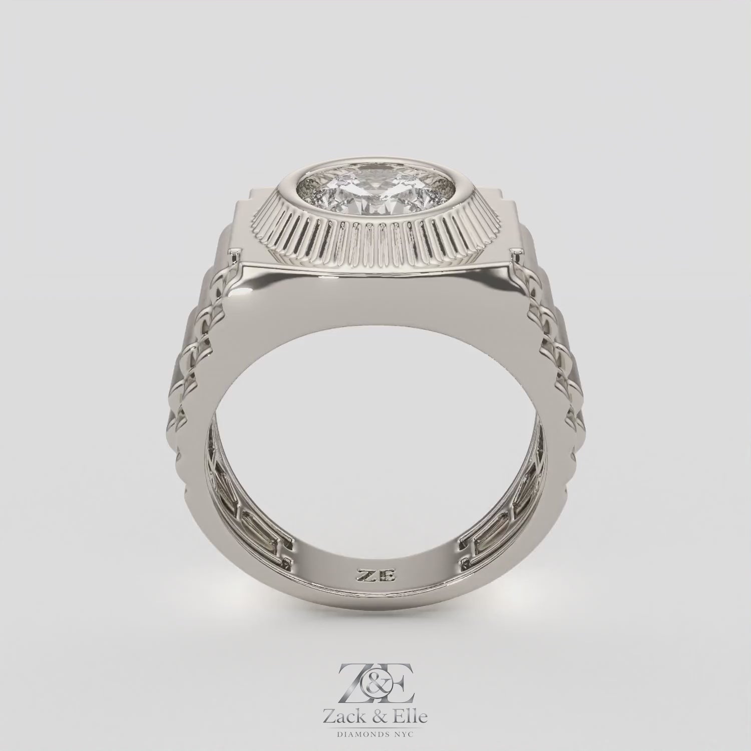 3.00 Ct E VS1 Radiant Cut Lab Grown Diamond Men's Ring, in white gold, 360 spin