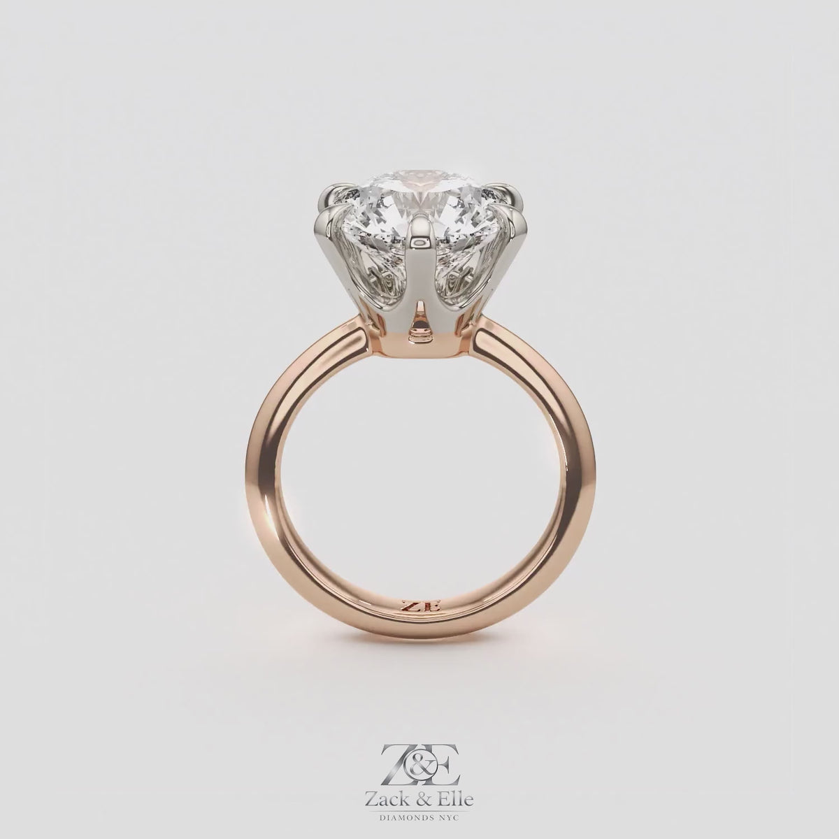 5.00 Ct E VS1 Round Lab-Grown Diamond Solitaire Ring, in rose gold, 360 spin