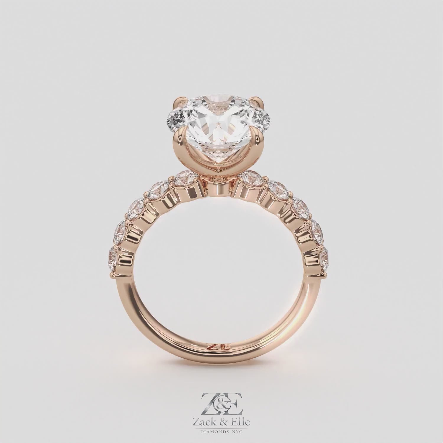 4.80 Ct E VS1 Round Lab Grown Diamond Side Stone Engagement Ring, in white gold, 360 spin