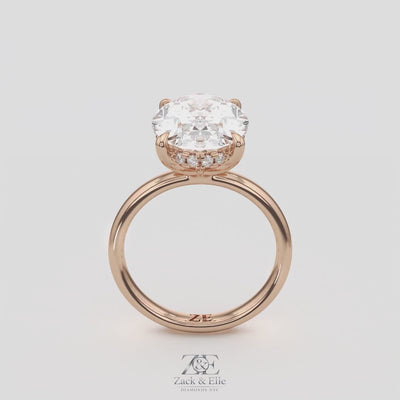 5.15 Ct E VS1 Oval Lab Grown Diamond Halo Ring, in white gold, 360 spin
