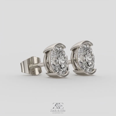 2.00 Ct D VS1 Oval Semi Bezel Diamond Studs, in white gold, 360 spin