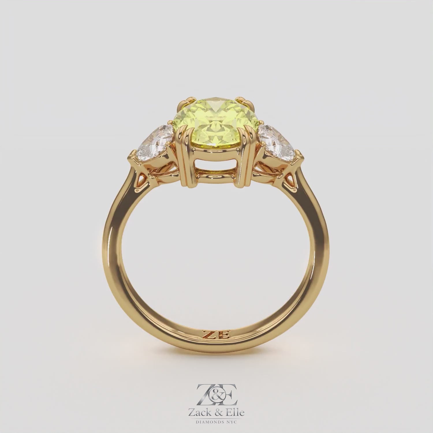 2.40 Ct Fancy Yellow VS2 Oval 3 Stone Ring With Heart Shaped Accents, in white gold, 360 spin